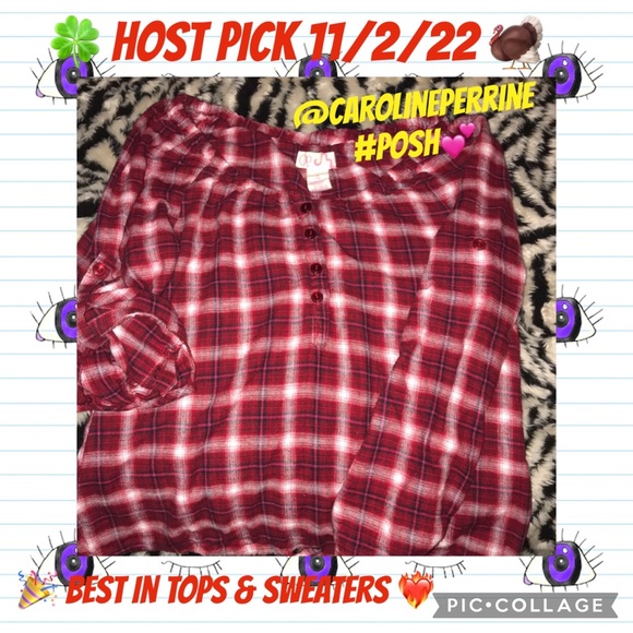 OP Tops - Op Medium Red plaid top button tie back sleeved